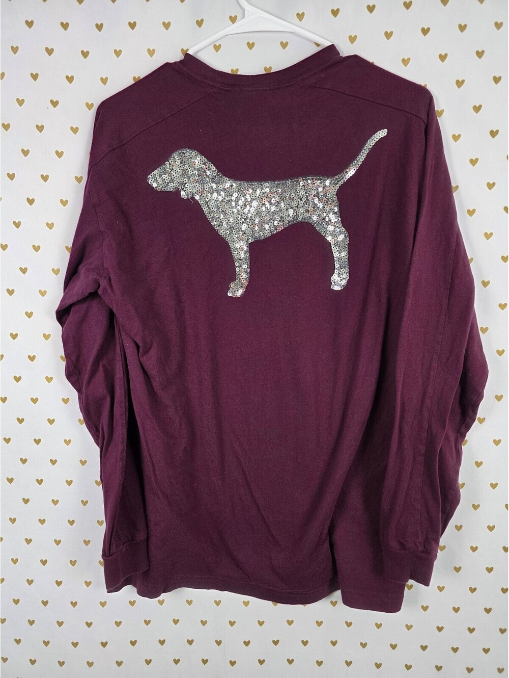 Victorias Secret PINK Long Sleeve Maroon Dog Bling tee shirt Small
